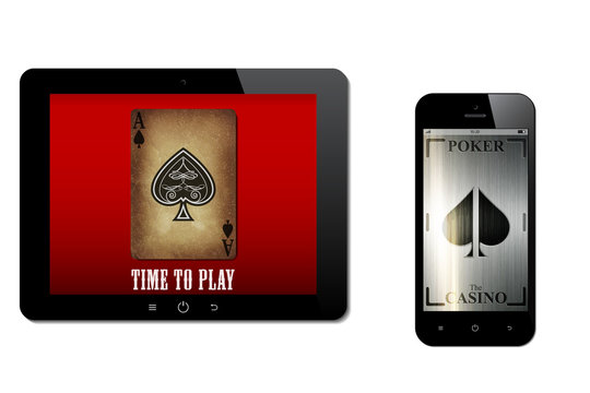 The tablet on a white background. The application for the game of Poker and Casino. Poker and Casino logo. Pocket PC. Mobile apps. Smartphone