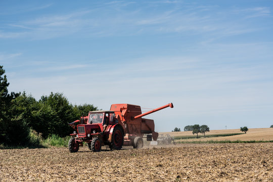 Farmer harvesting wheat rows on countryside field
