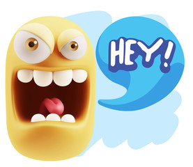 3d Illustration Angry Face Emoticon saying Hey with Colorful Spe