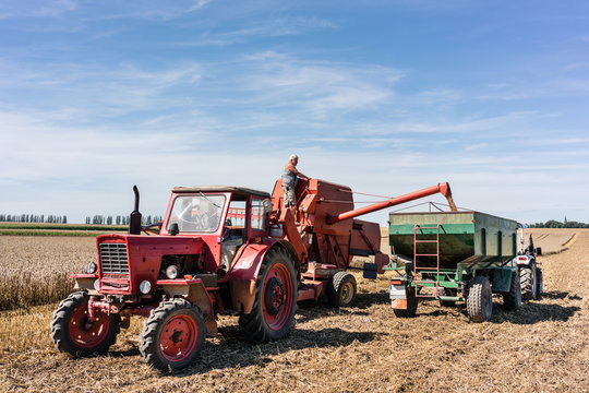 Farmer adjusting combine trailer during grain harvest 
