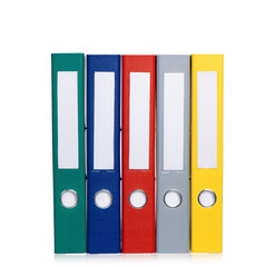 Multicolor office folders file with papers. Colorful business file folders, isolated on white...