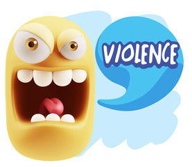 3d Illustration Angry Face Emoticon saying Violence with Colorfu