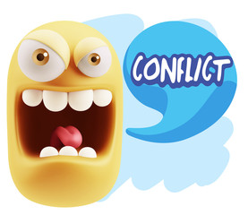 3d Illustration Angry Face Emoticon saying Conflict with Colorfu