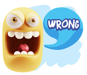 3d Illustration Angry Face Emoticon saying Wrong with Colorful S