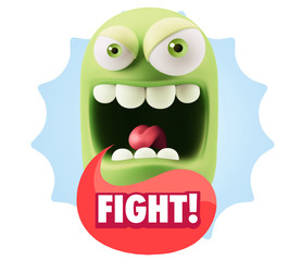 3d Illustration Angry Face Emoticon saying Fight with Colorful S