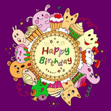 Happy Birthday greeting card with cakes and animals.