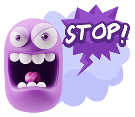 3d Illustration Angry Face Emoticon saying Stop with Colorful Sp
