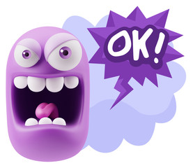 3d Illustration Angry Face Emoticon saying OK with Colorful Spee