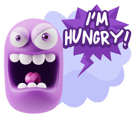 3d Illustration Angry Face Emoticon saying I'm Hungry with Color