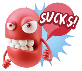 3d Rendering Angry Character Emoji saying Sucks with Colorful Sp