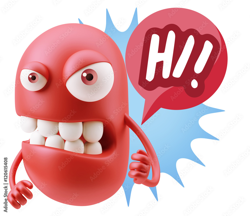 Poster 3d rendering angry character emoji saying hi with colorful speec