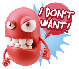 3d Rendering Angry Character Emoji saying I Don't Want with Colo