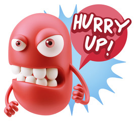3d Rendering Angry Character Emoji saying Hurry Up with Colorful
