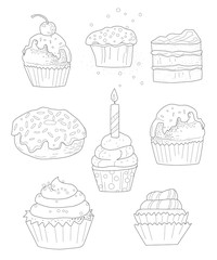 collection of cakes, Page coloring for adults, Outline vector illustration