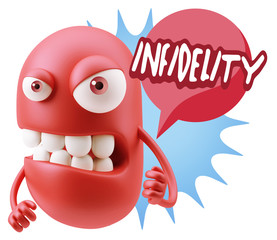 3d Rendering Angry Character Emoji saying Infidelity with Colorf