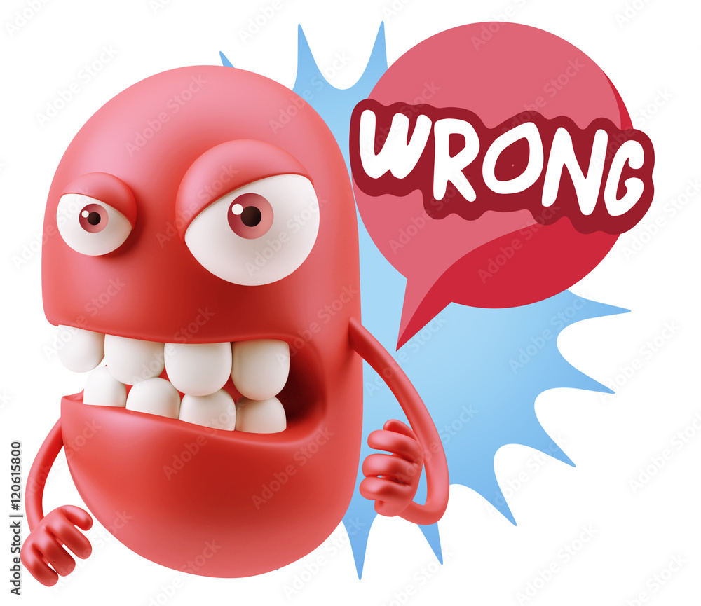 Poster 3d rendering angry character emoji saying wrong with colorful sp