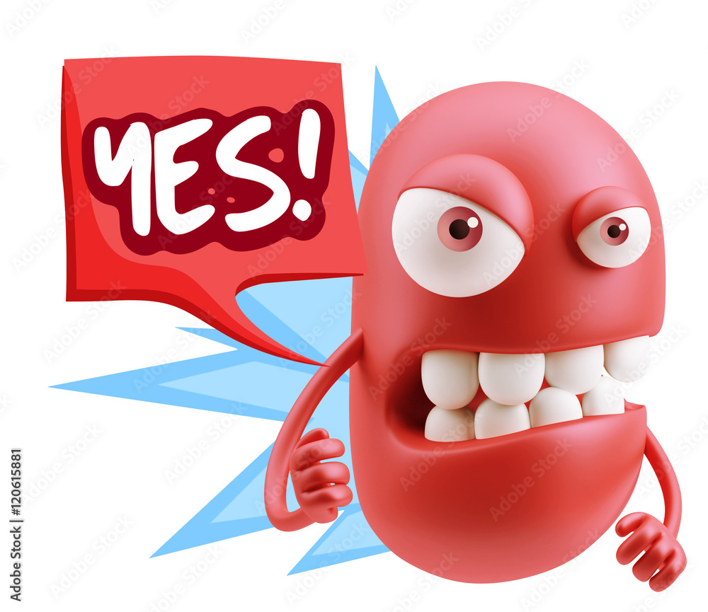 Poster 3d rendering angry character emoji saying yes with colorful spee