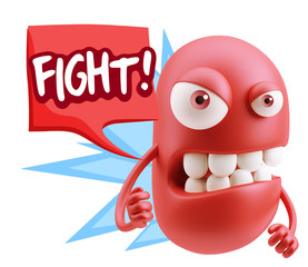 3d Rendering Angry Character Emoji saying Fight with Colorful Sp