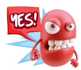 3d Rendering Angry Character Emoji saying Yes with Colorful Spee
