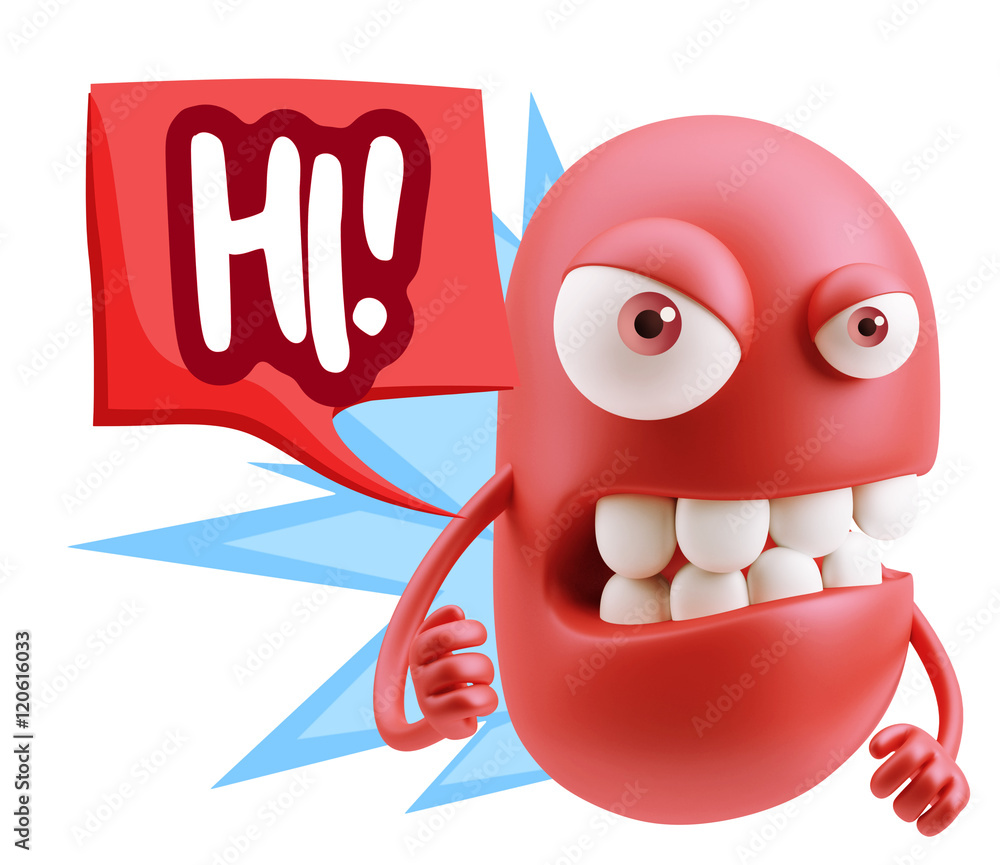 Poster 3d rendering angry character emoji saying hi with colorful speec