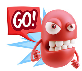 Obraz premium 3d Rendering Angry Character Emoji saying Go with Colorful Speec