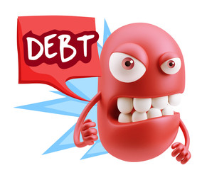 3d Rendering Angry Character Emoji saying Debt with Colorful Spe