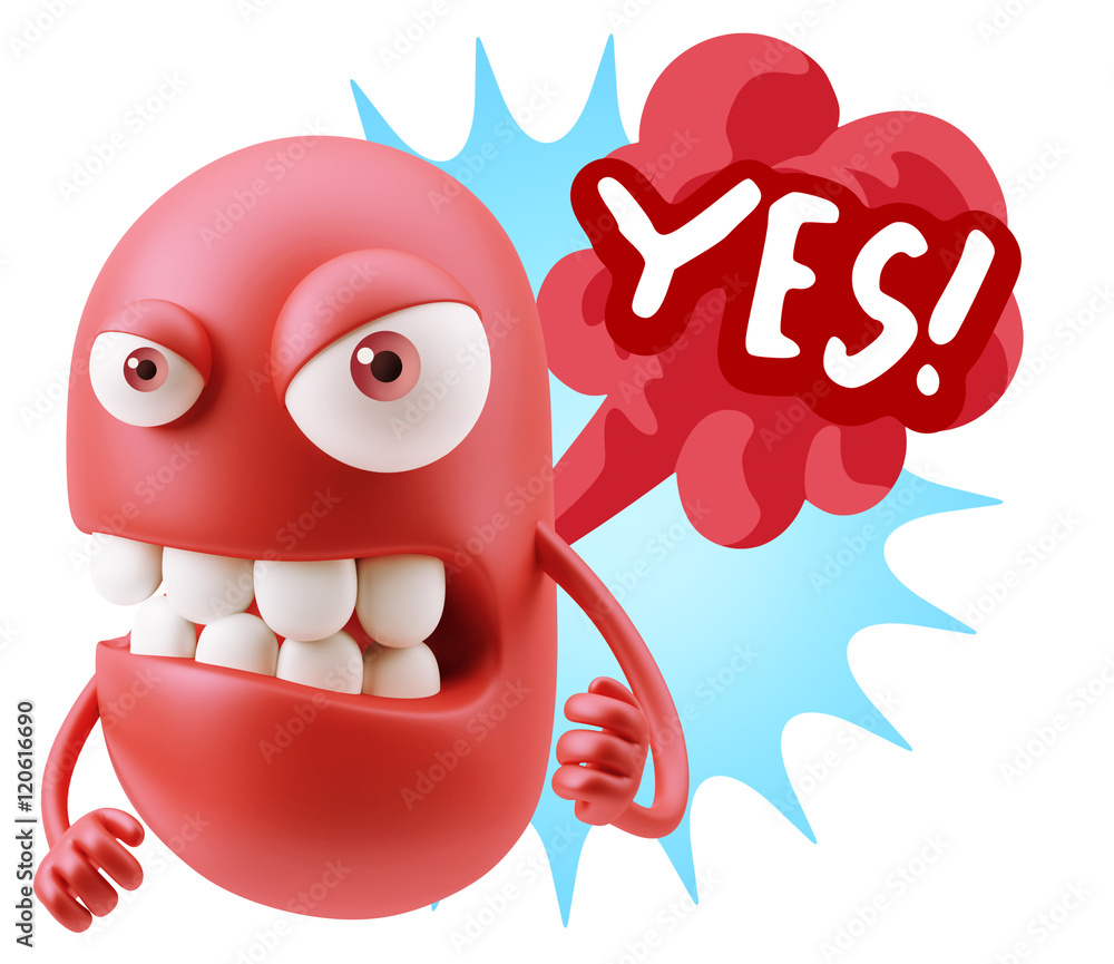 Poster 3d rendering angry character emoji saying yes with colorful spee