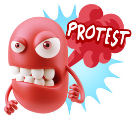 3d Rendering Angry Character Emoji saying Protest with Colorful