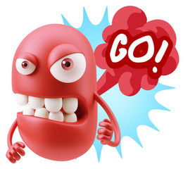 3d Rendering Angry Character Emoji saying Go with Colorful Speec