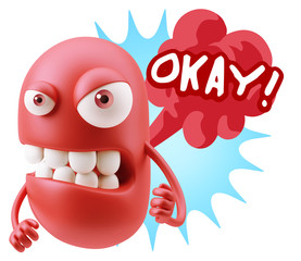 3d Rendering Angry Character Emoji saying Okay with Colorful Spe