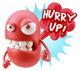 3d Rendering Angry Character Emoji saying Hurry Up with Colorful