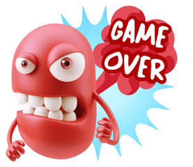 3d Rendering Angry Character Emoji saying Game Over with Colorfu