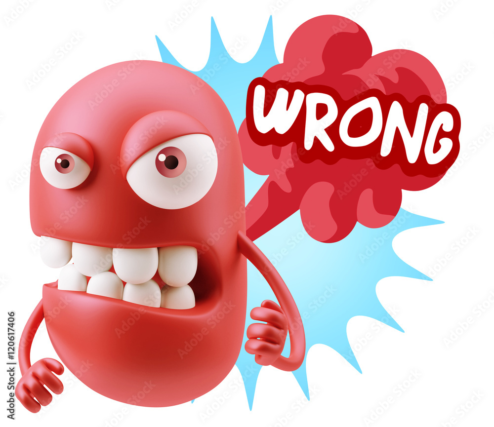 Poster 3d rendering angry character emoji saying wrong with colorful sp