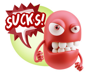 3d Rendering Angry Character Emoji saying Sucks with Colorful Sp