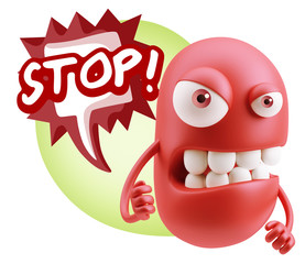 3d Rendering Angry Character Emoji saying Stop with Colorful Spe