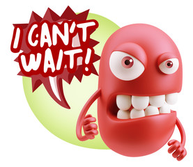3d Rendering Angry Character Emoji saying I Can't Wait with Colo