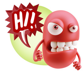 3d Rendering Angry Character Emoji saying Hi with Colorful Speec