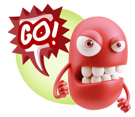 3d Rendering Angry Character Emoji saying Go with Colorful Speec