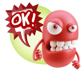 3d Rendering Angry Character Emoji saying OK with Colorful Speec