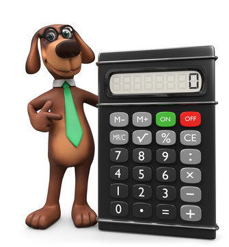 3d Hund mit Taschenrechner kalkuliert die Ausgaben f&uuml;r die Buchhaltung