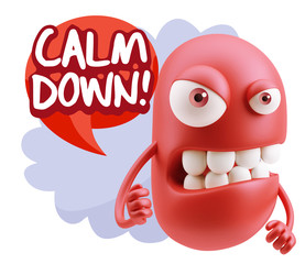 3d Rendering Angry Character Emoji saying Calm Down with Colorfu