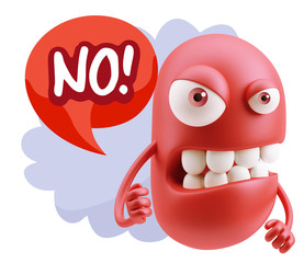 3d Rendering Angry Character Emoji saying No with Colorful Speec