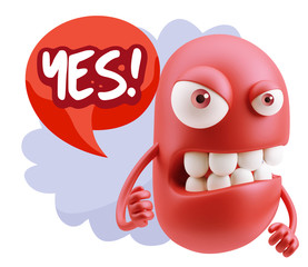 3d Rendering Angry Character Emoji saying Yes with Colorful Spee