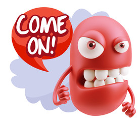 3d Rendering Angry Character Emoji saying Come On with Colorful