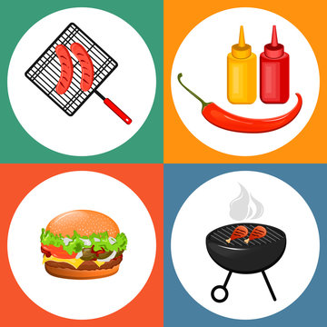 Oktoberfest barbecue party. Set of flat icons with grilled sausages, cheeseburger and sauces. Vector illustration