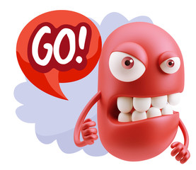 3d Rendering Angry Character Emoji saying Go with Colorful Speec
