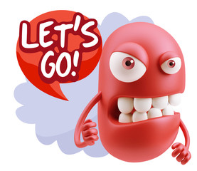 3d Rendering Angry Character Emoji saying Let's Go with Colorful