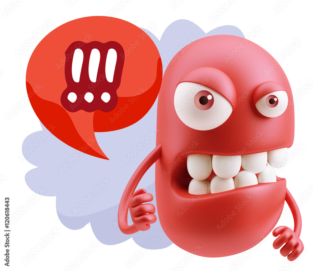 Poster 3d rendering angry character emoji saying !!! with colorful spee