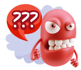 3d Rendering Angry Character Emoji saying ??? with Colorful Spee