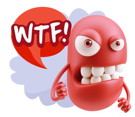 3d Rendering Angry Character Emoji saying WTF with Colorful Spee